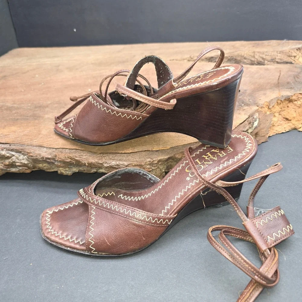 Resort Franco Sarto Wedge Sandals W 7M Brown Leather LaceUp ZigZag Stitch Casual